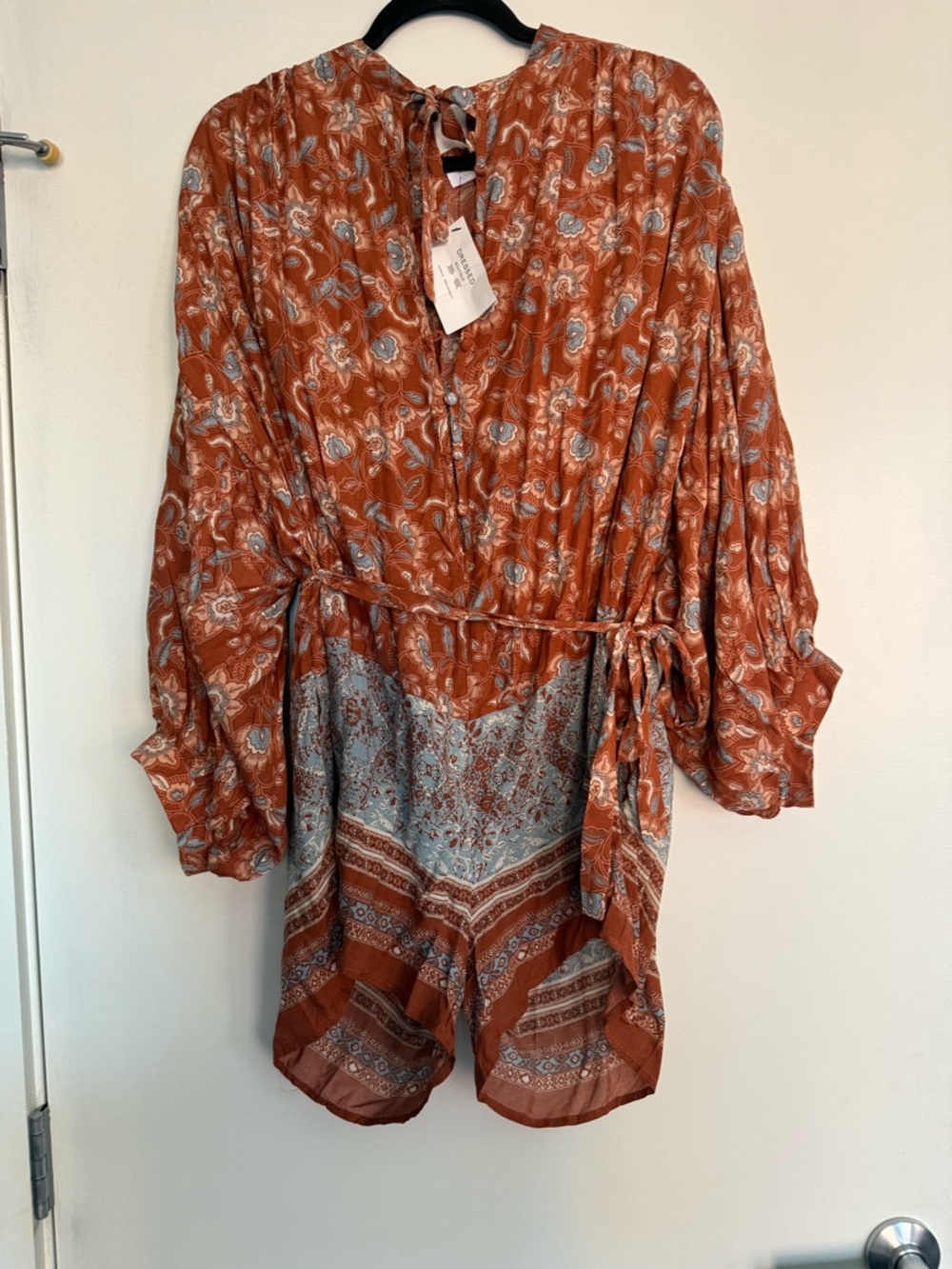Olivaceous Rust Floral Boho Romper with Sky Blue Accents